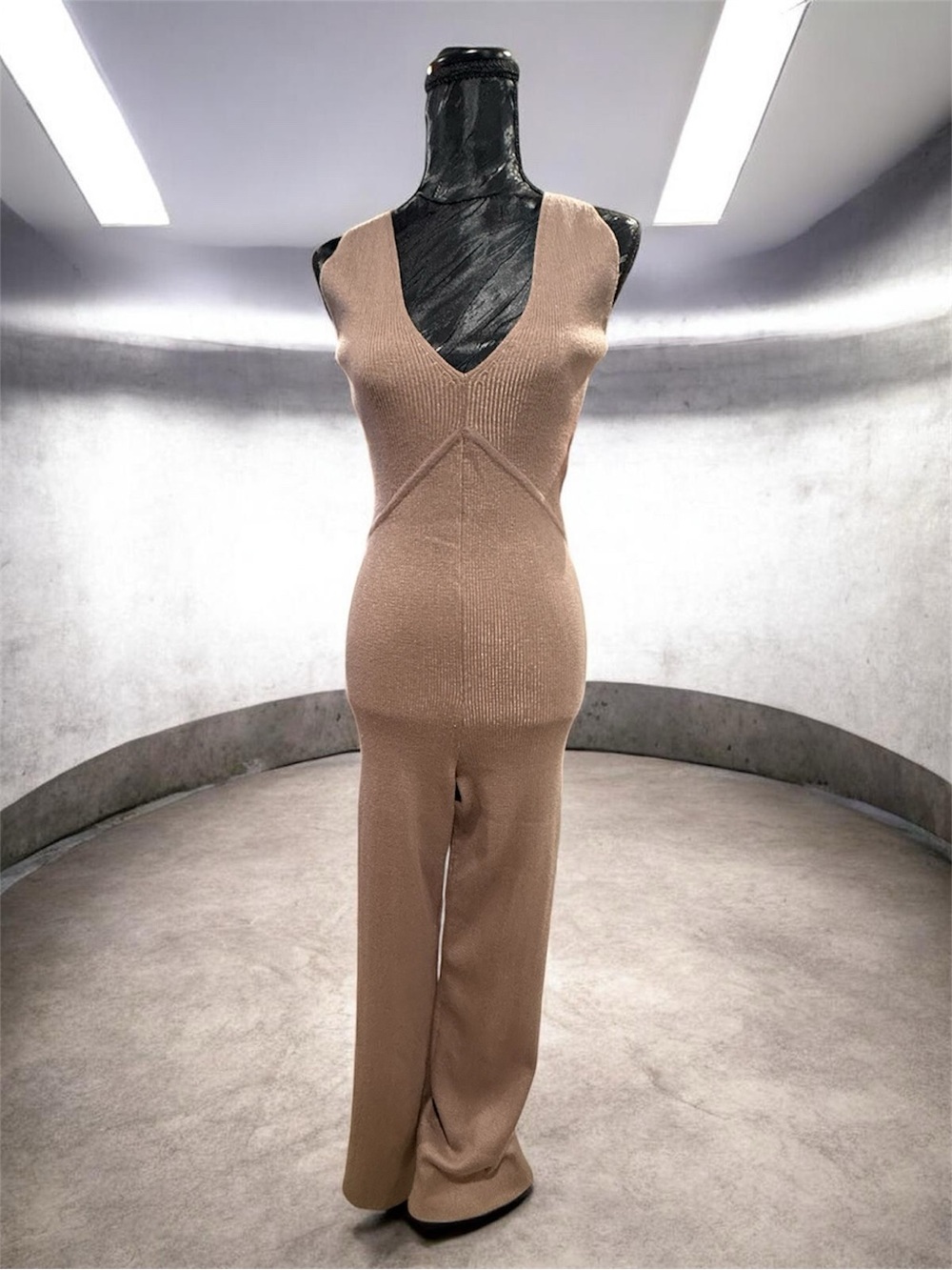 Shoe Dazzle Sleeveless V-Neck Knit Jumpsuit in Taupe